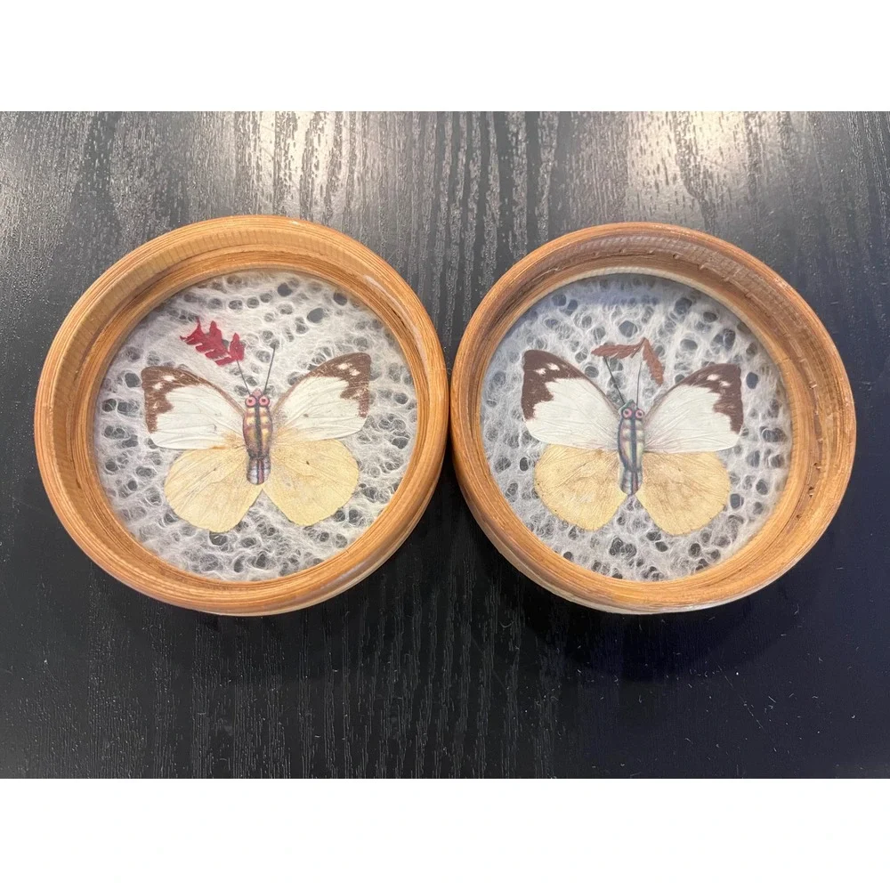 Vintage Bamboo Coasters Set of 6 Real Preserved Butterfly Glass Boho Decor